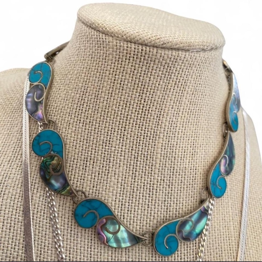 Sterling Turquoise Abalone Inlay Stunning  Necklace